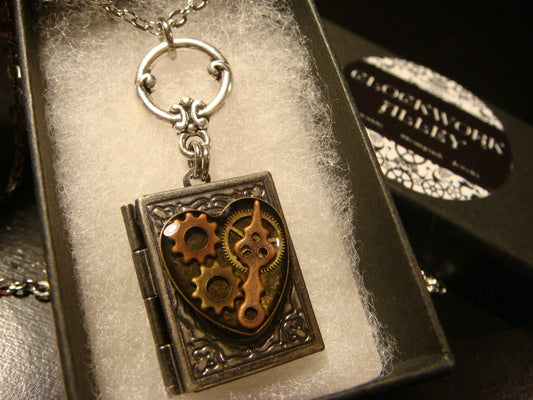Heart Gears and Watch Parts Book Locket Necklace