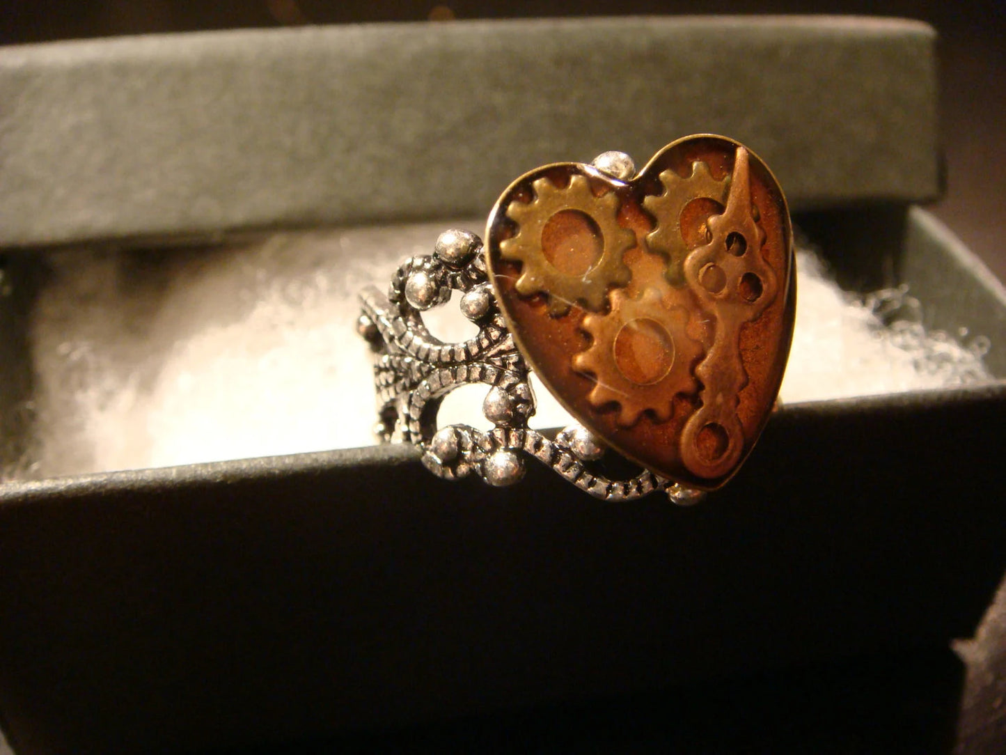 Watch Part Gear Heart Ring in Antique Silver