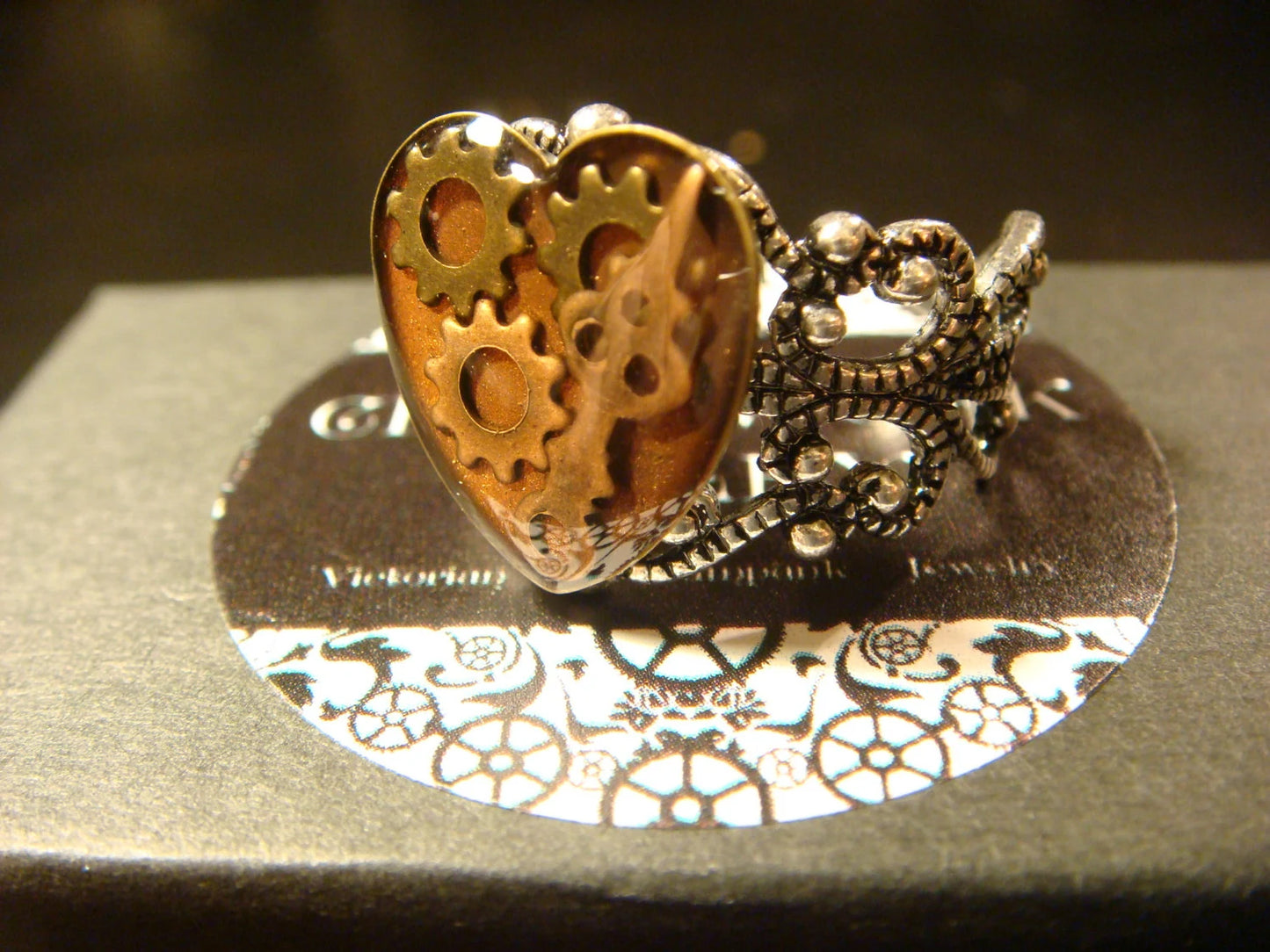 Watch Part Gear Heart Ring in Antique Silver