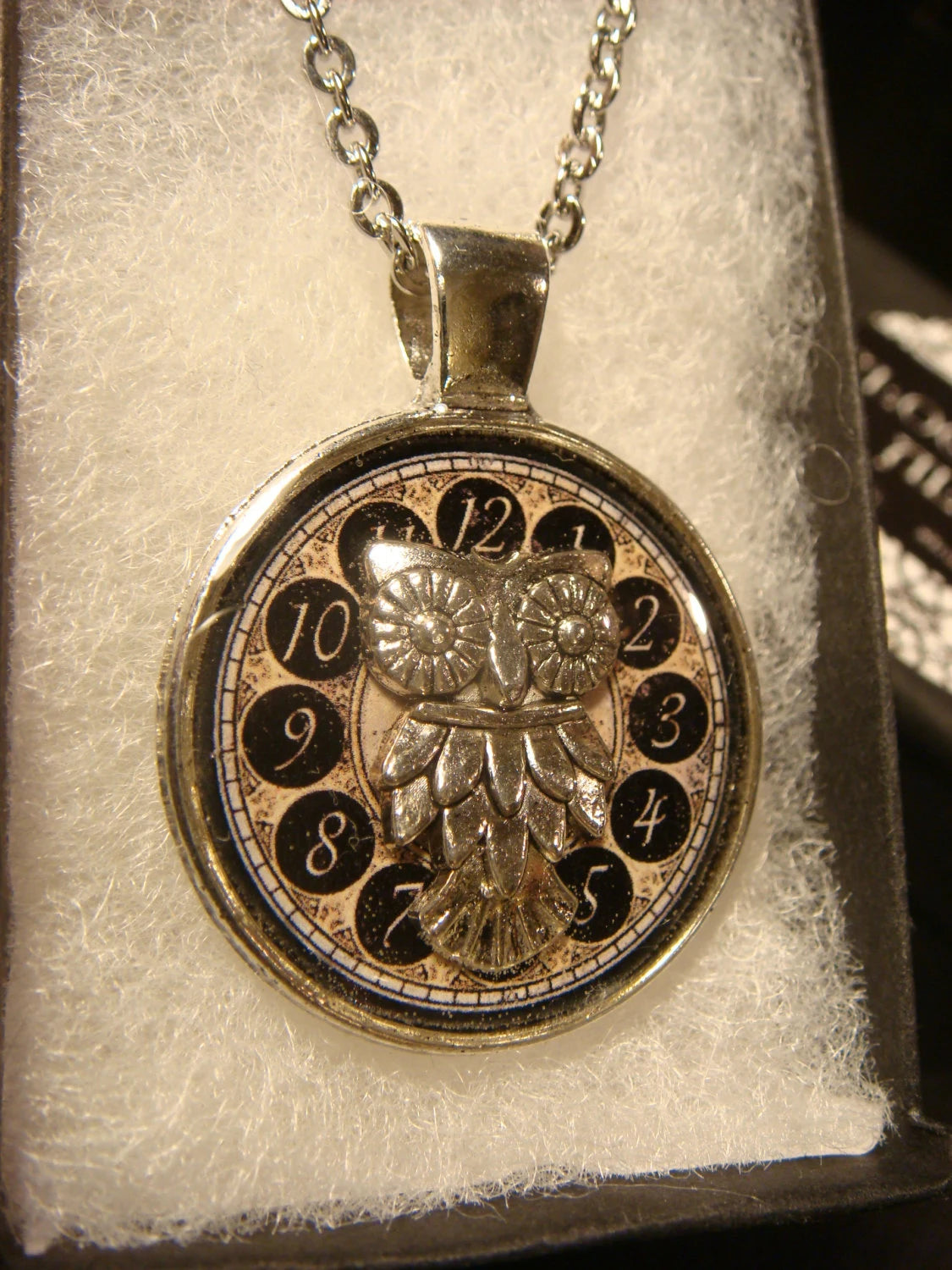 Owl over Clock Pendant Necklace