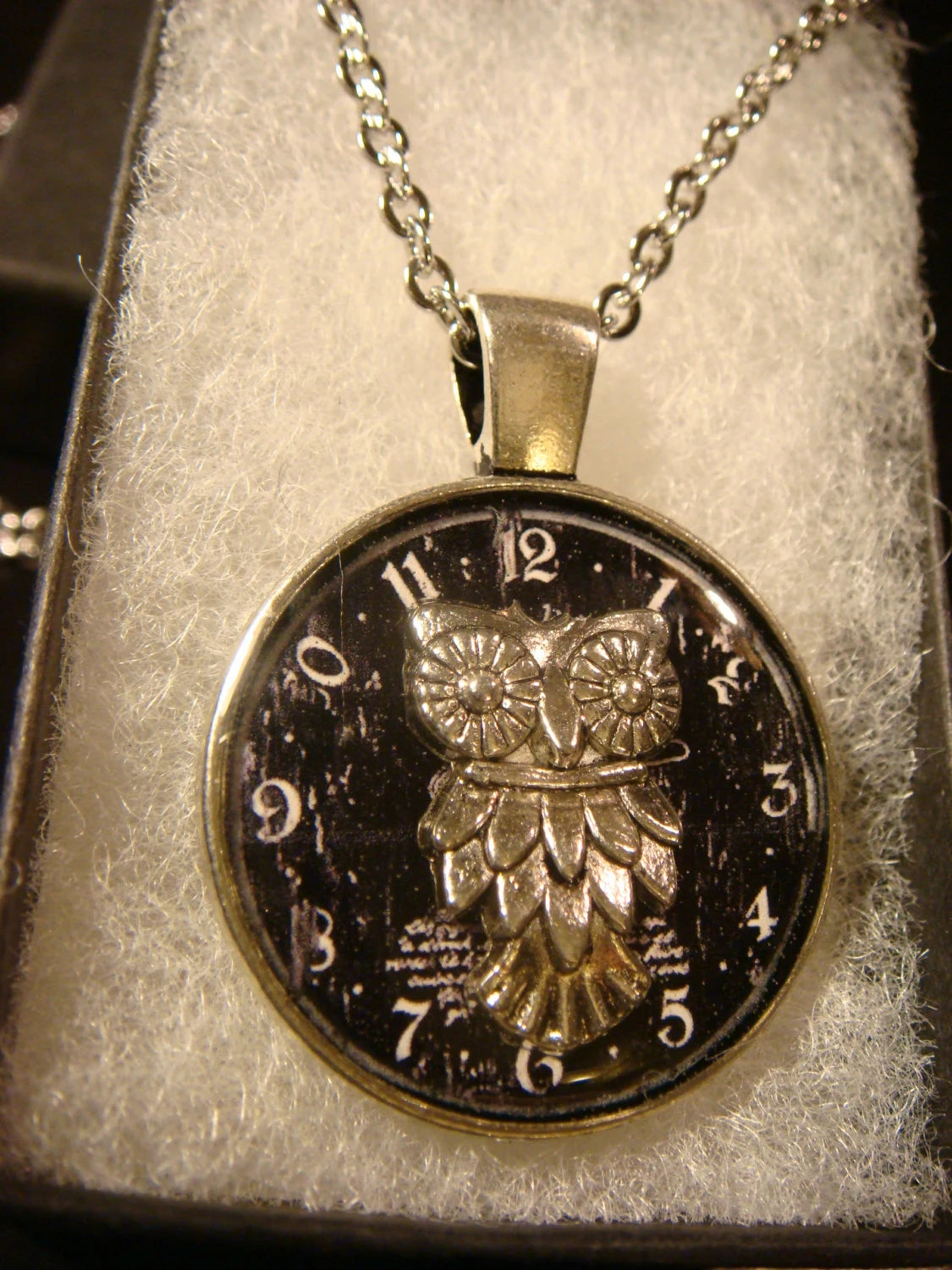 Owl over Clock Pendant Necklace