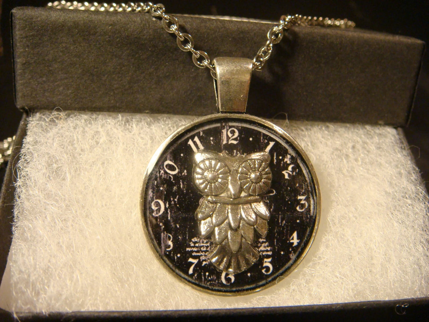 Owl over Clock Pendant Necklace
