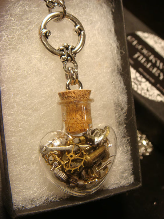 Steampunk Heart Vial with Gears and Watch Parts Necklace