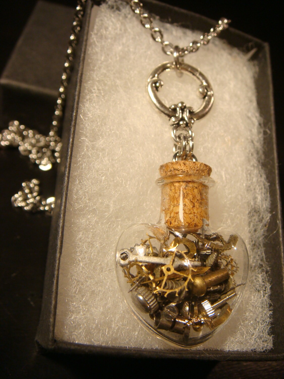 Steampunk Heart Vial with Gears and Watch Parts Necklace