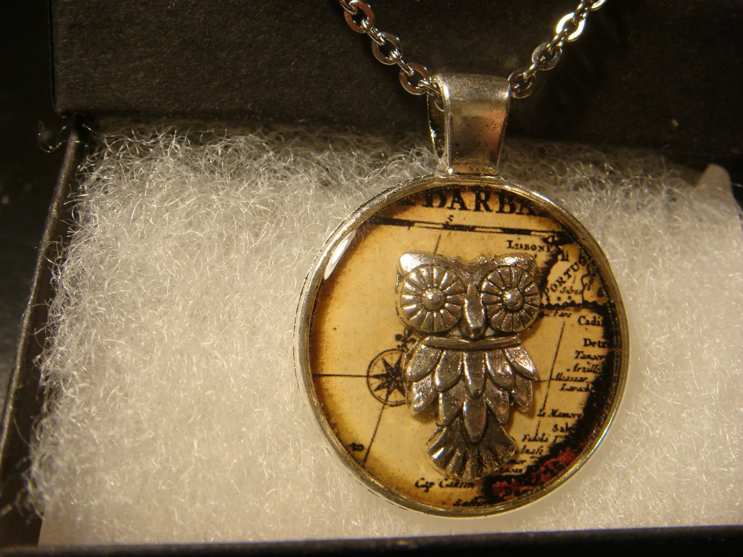 Owl over Map Pendant Necklace