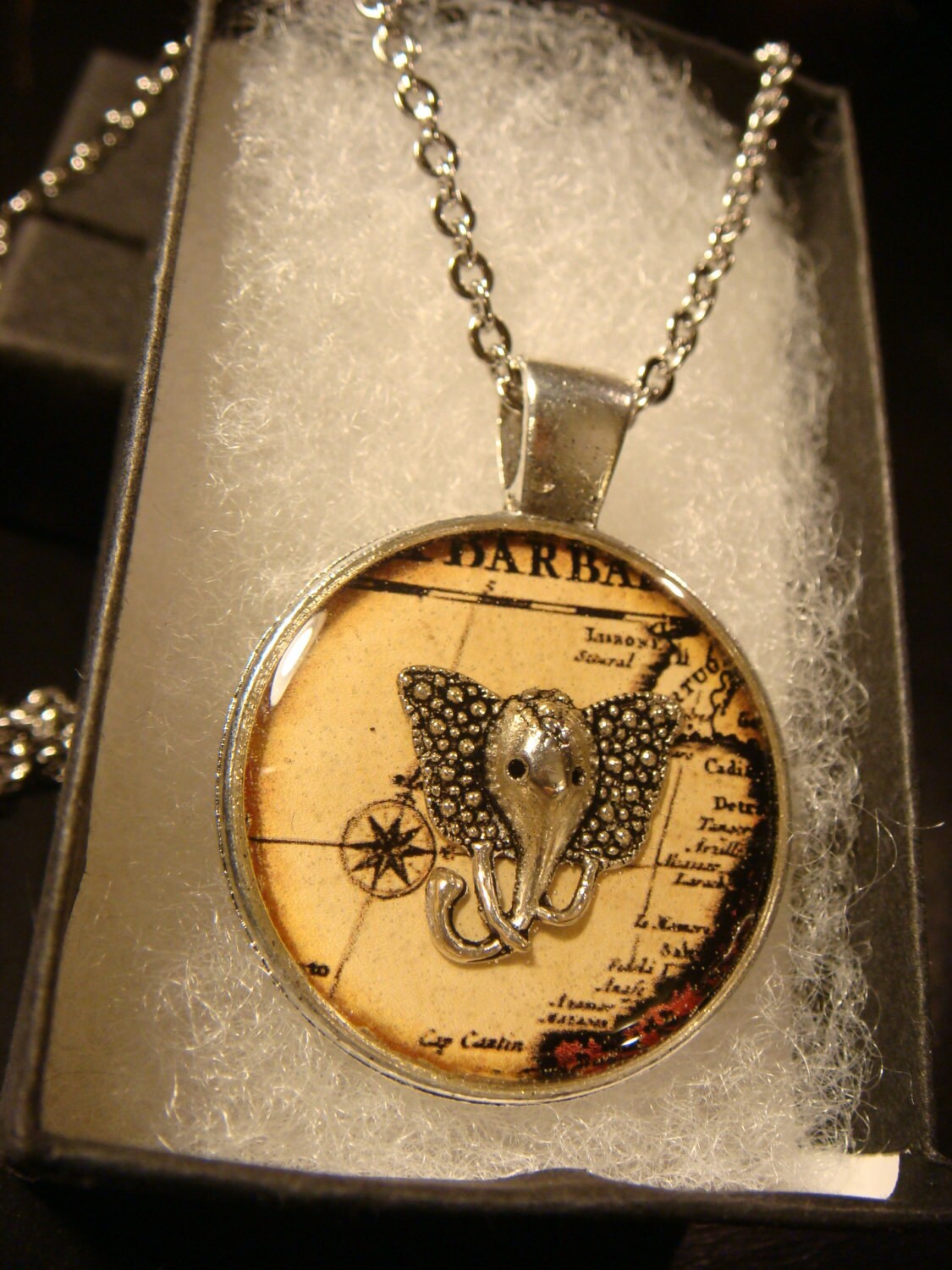Elephant Head over Map Pendant Necklace