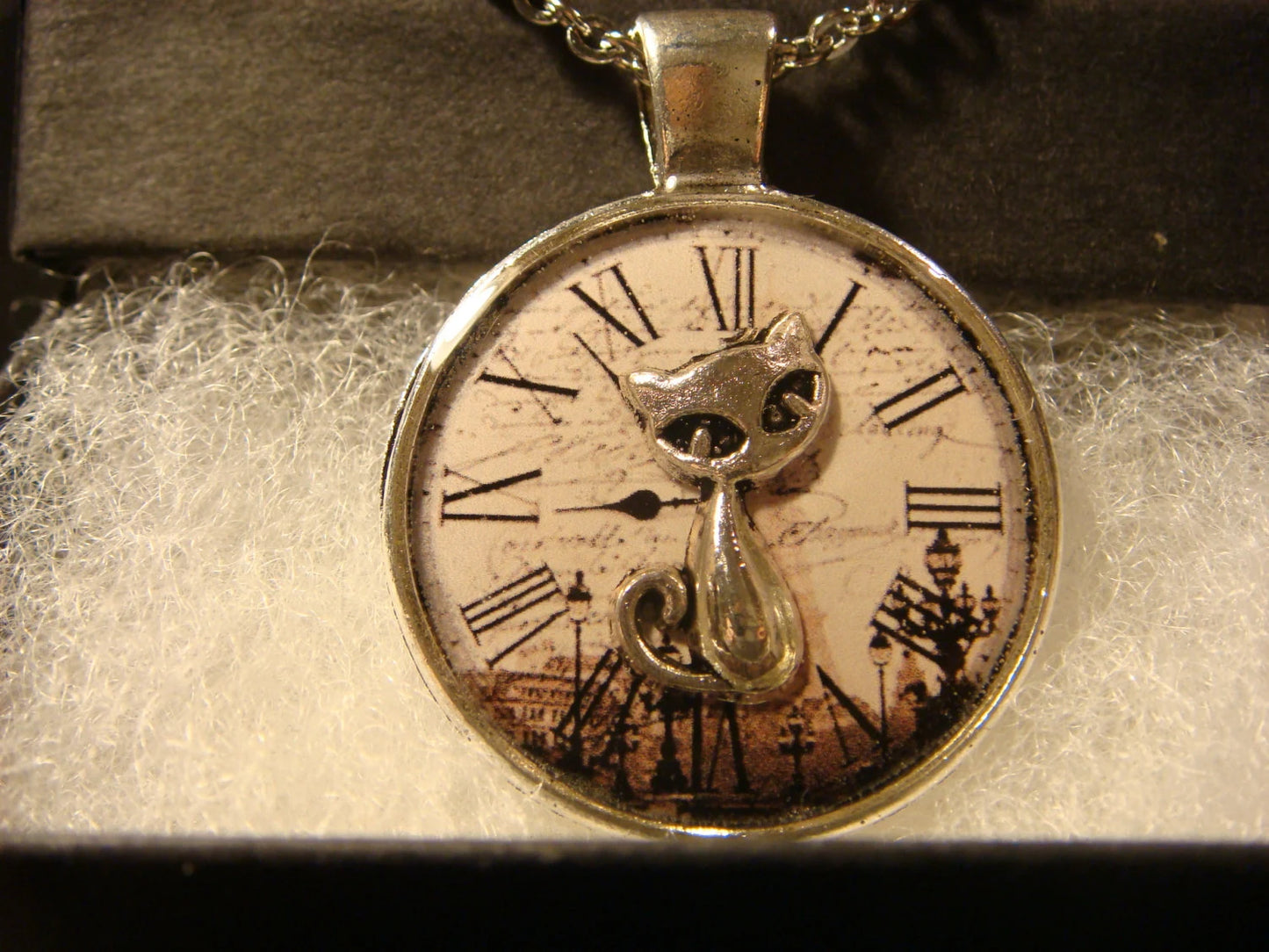Cat over Victorian Clock Pendant Necklace