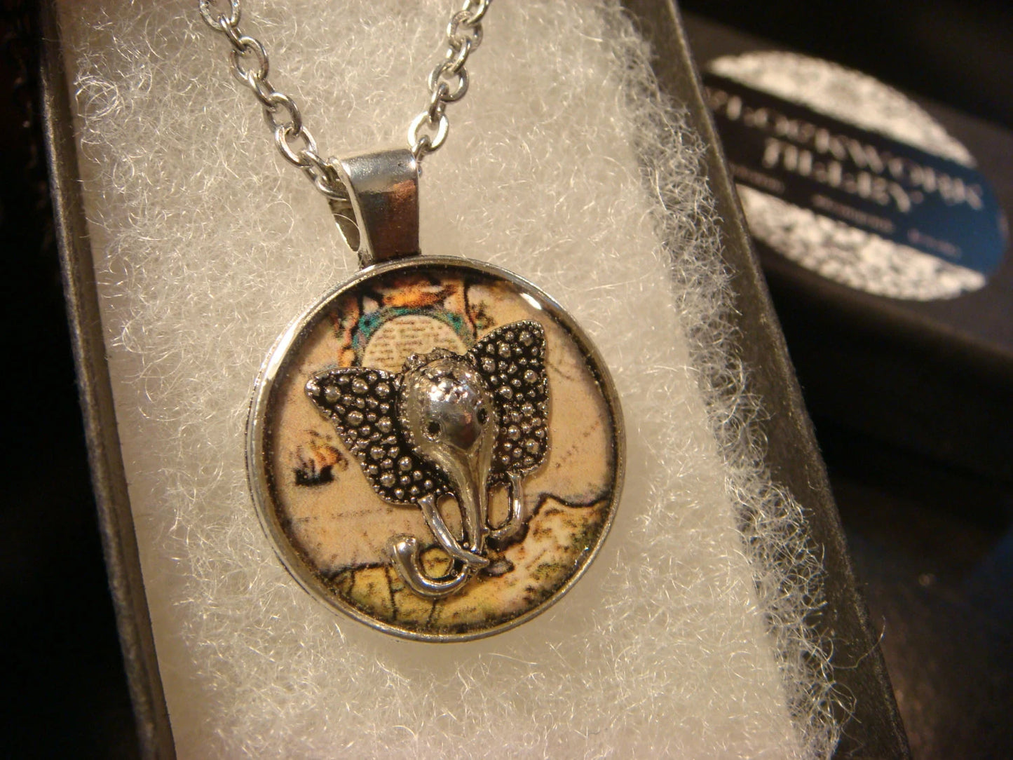 Elephant Head over Map Pendant Necklace
