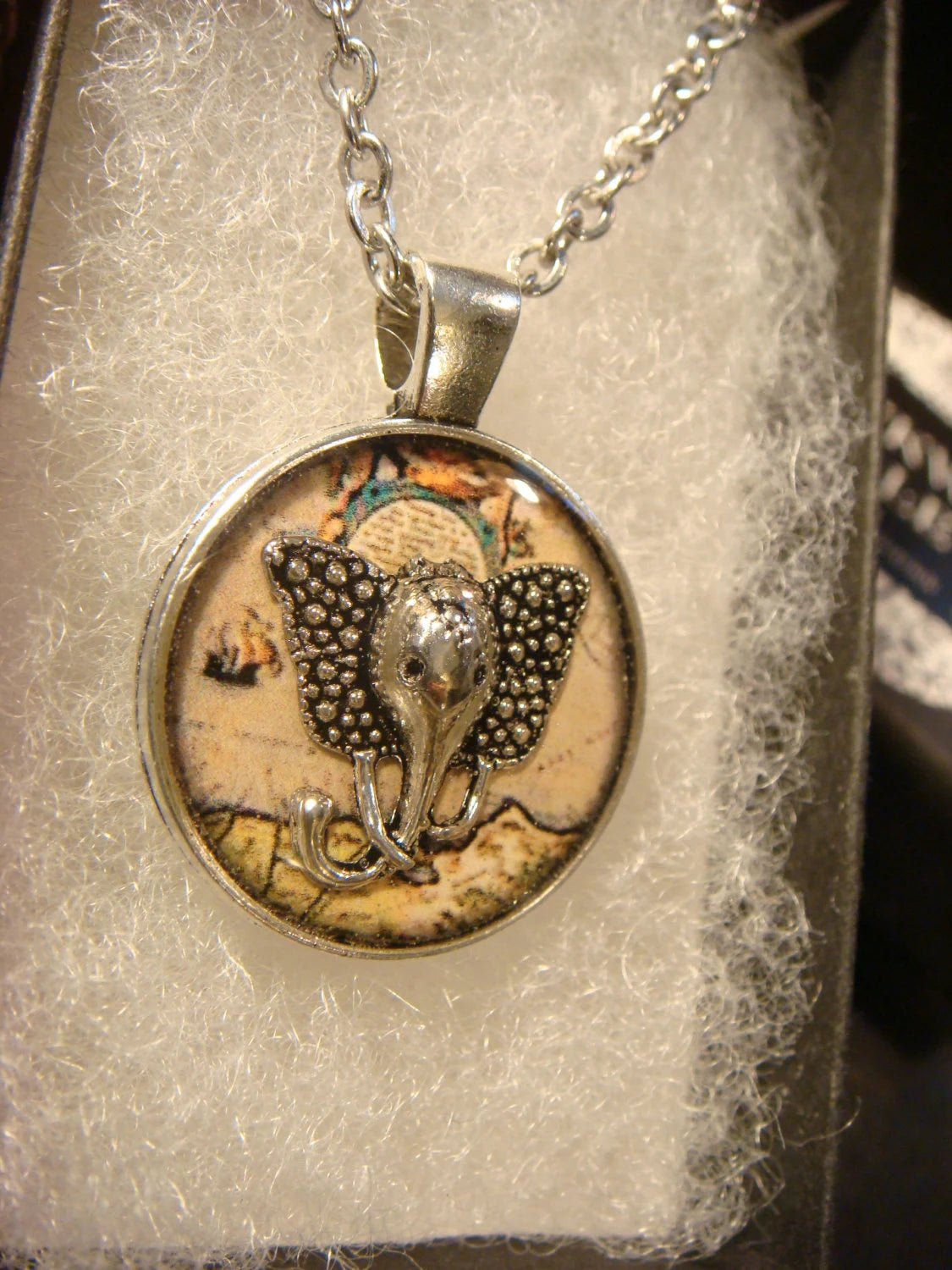 Elephant Head over Map Pendant Necklace