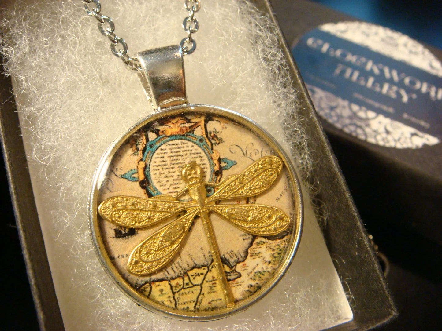 Dragonfly over Map Pendant Necklace