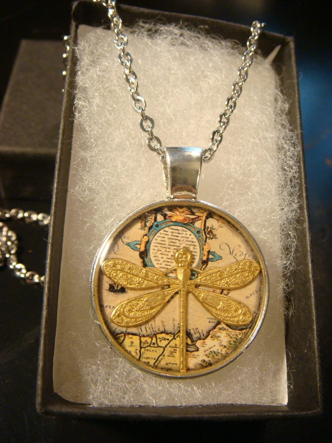 Dragonfly over Map Pendant Necklace