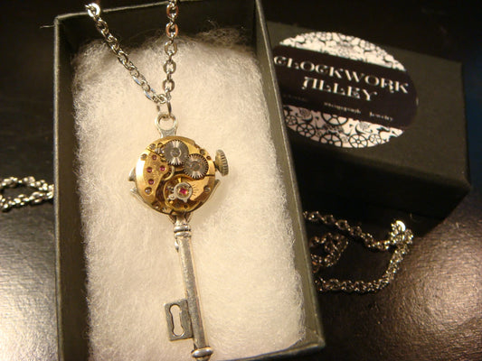 Steampunk Key Watch Movement Necklace with Exposed Gears