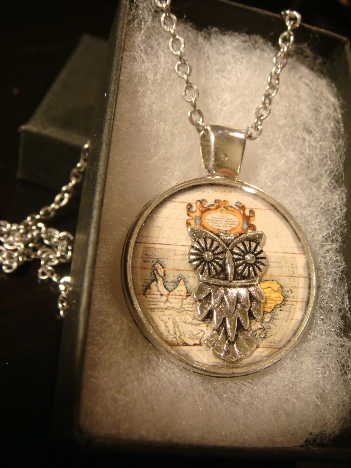 Owl over Map Pendant Necklace