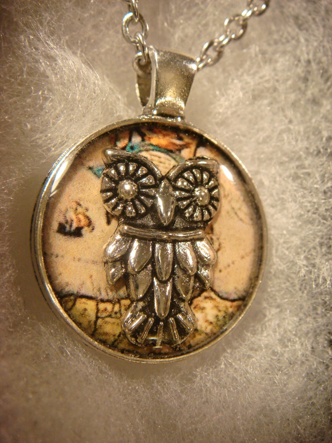 Owl over Map Small Pendant Necklace
