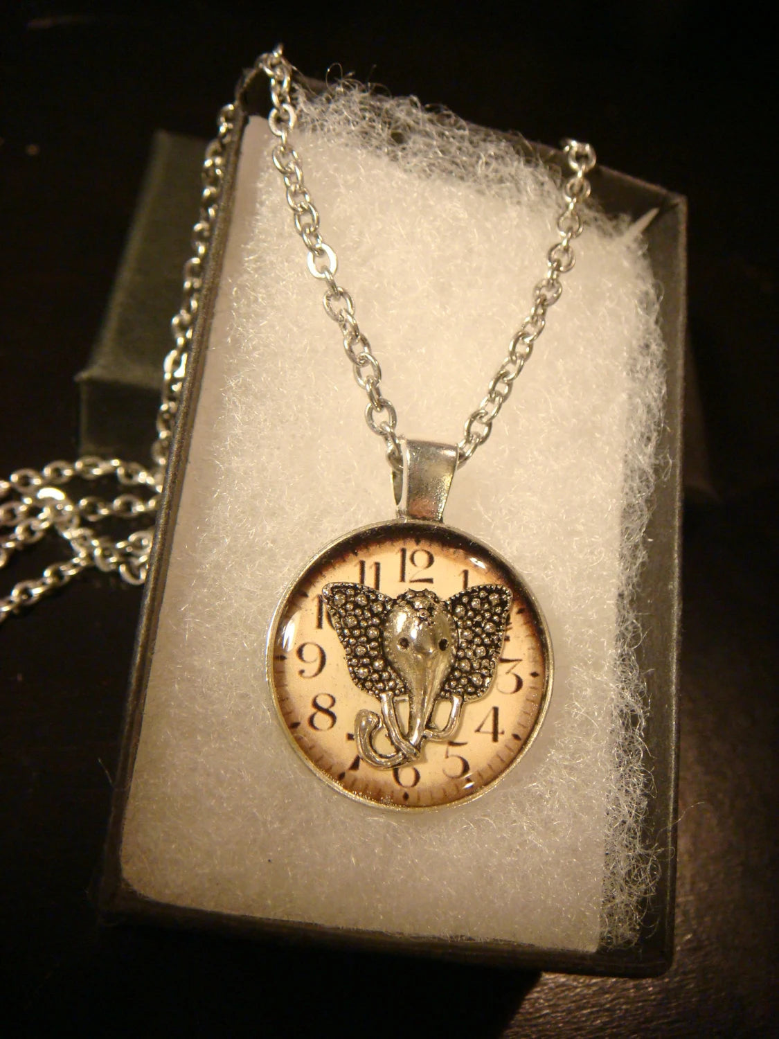 Elephant Head over Clock Small Pendant Necklace
