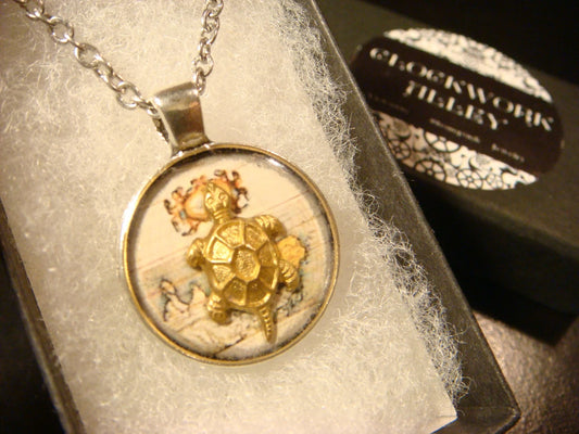 Turtle over Map Small Pendant Necklace