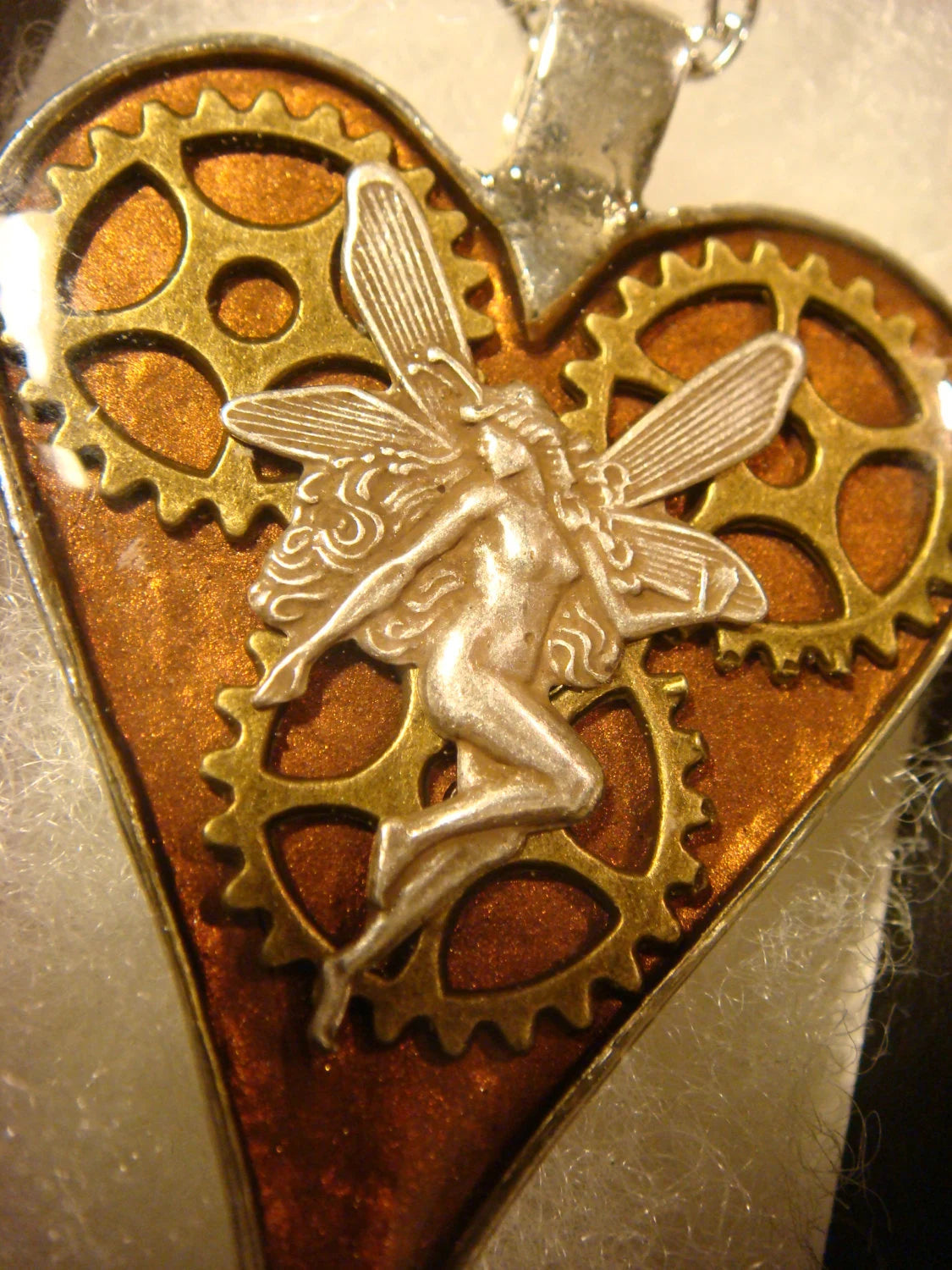 Fairy with Bronze Gears Heart Necklace