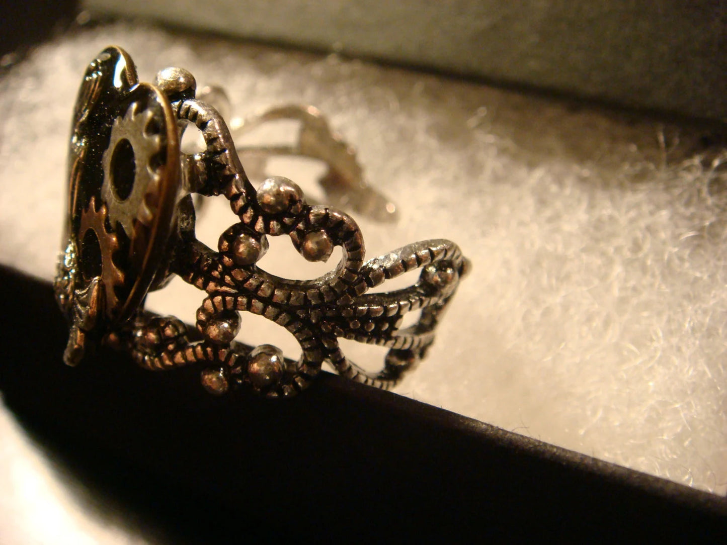 Mermaid and Gears Filigree Ring in Antique Silver - Adjustable