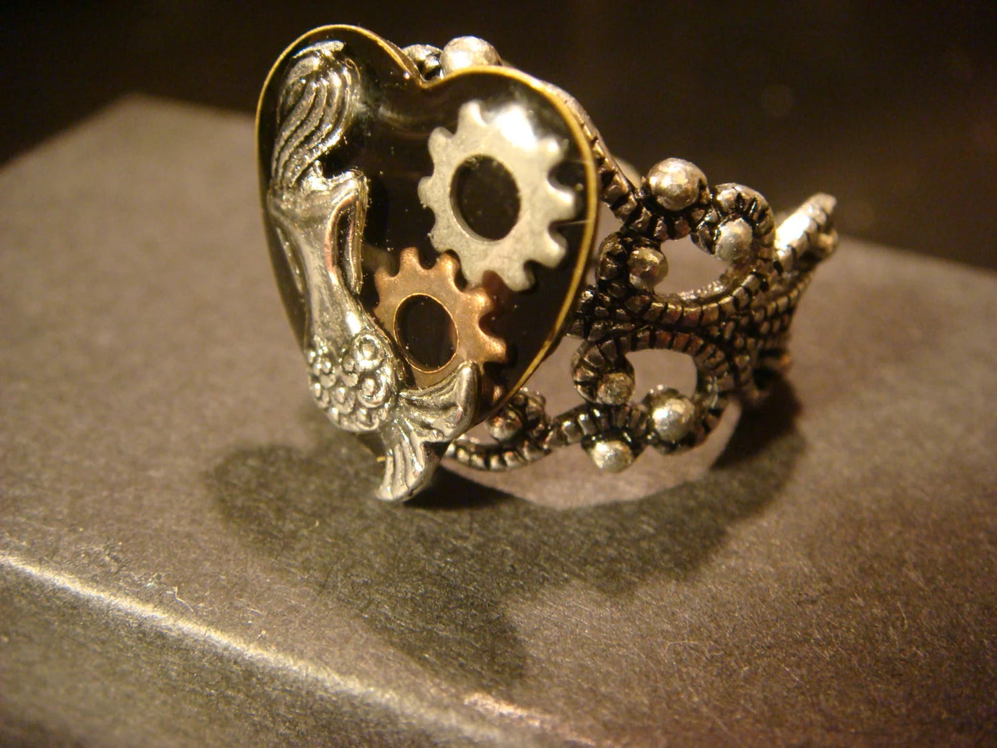 Mermaid and Gears Filigree Ring in Antique Silver - Adjustable