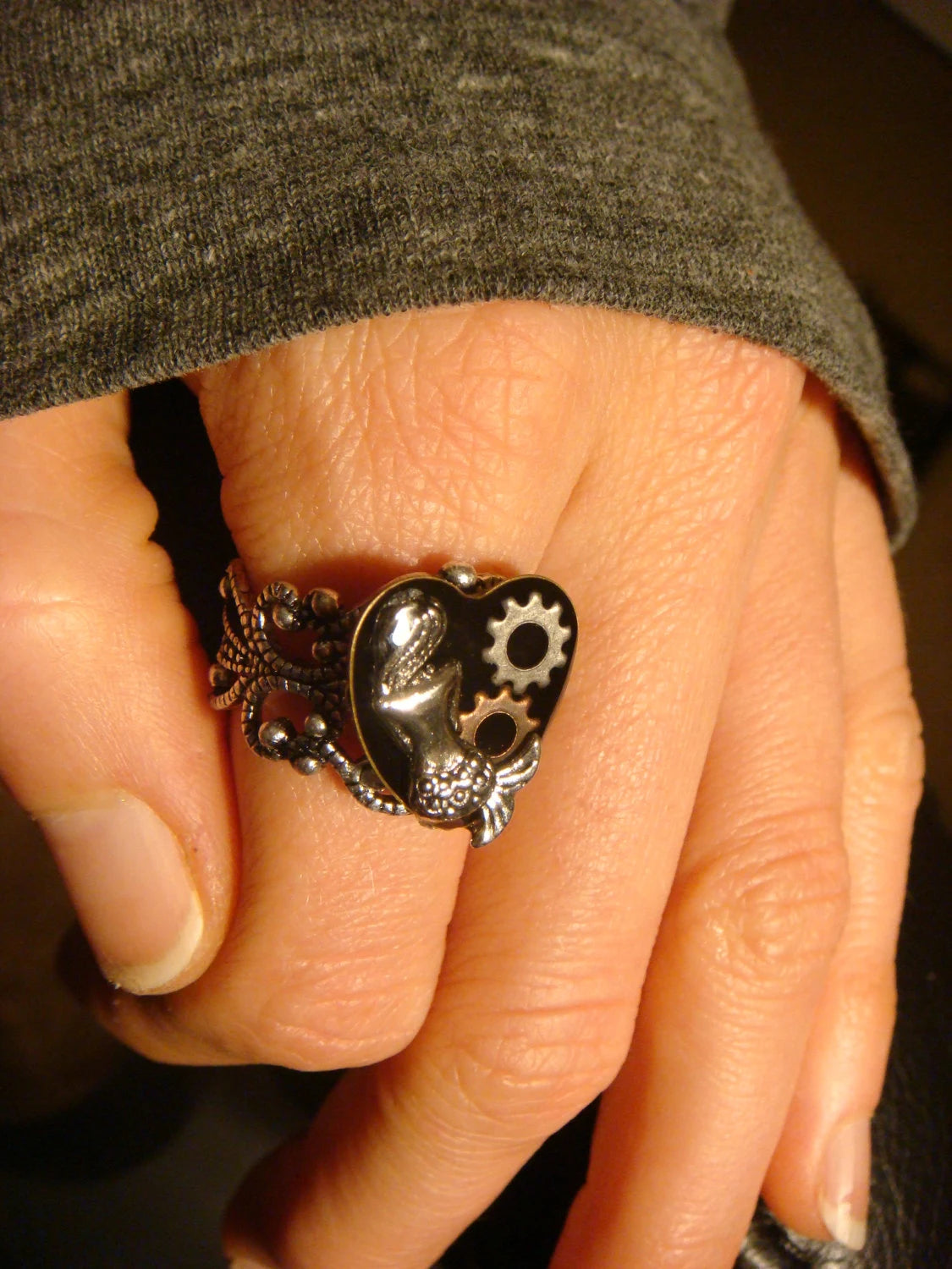 Mermaid and Gears Filigree Ring in Antique Silver - Adjustable
