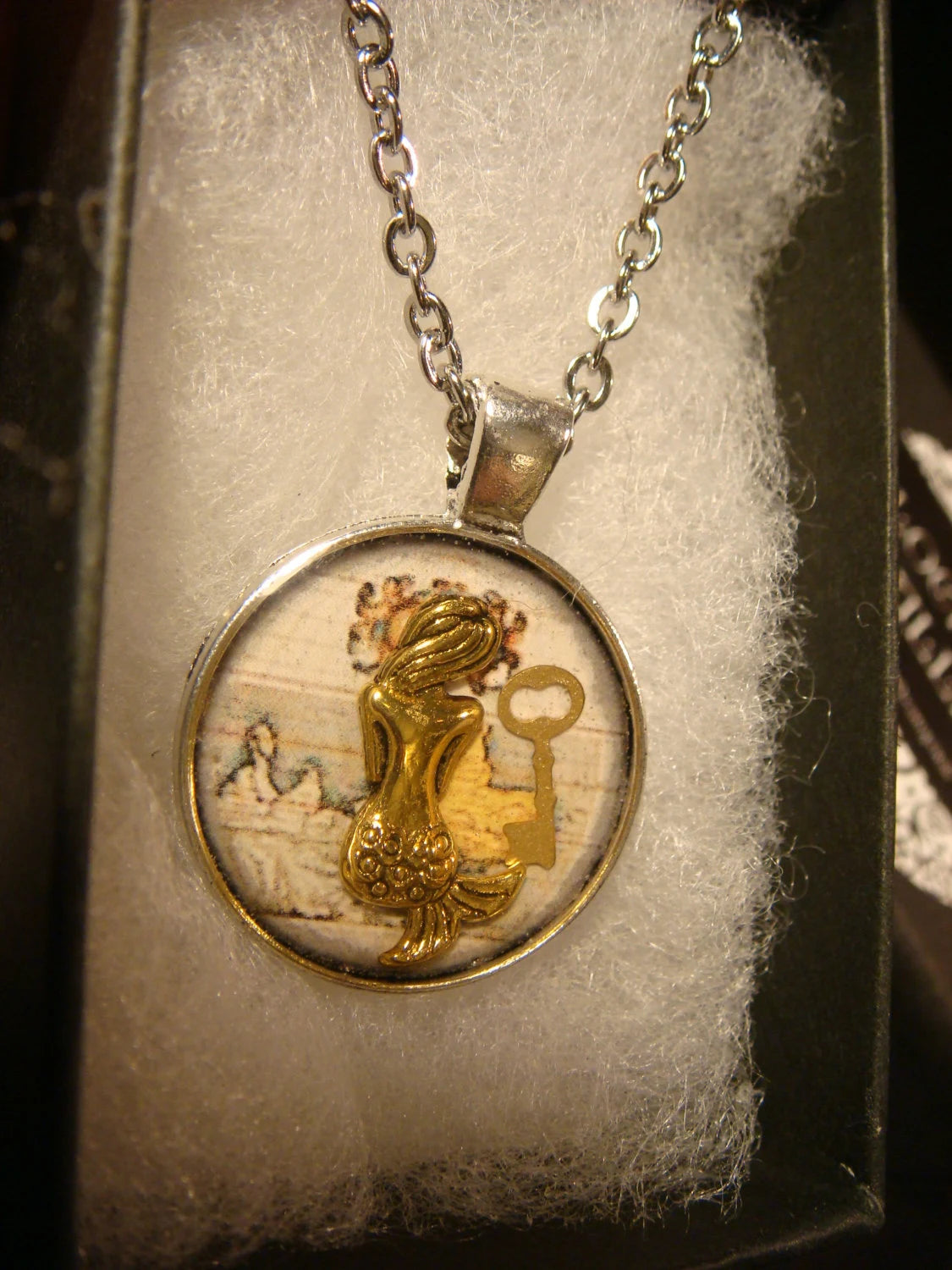 Mermaid and Key over Map Small Pendant Necklace
