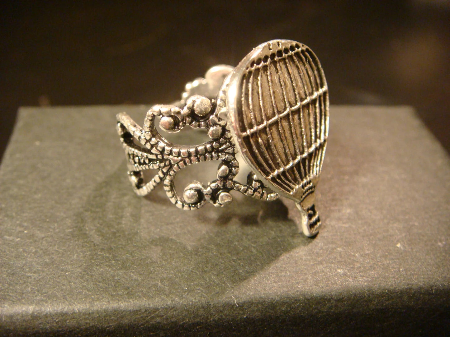 Hot Air Balloon Filigree Ring in Antique Silver - Adjustable