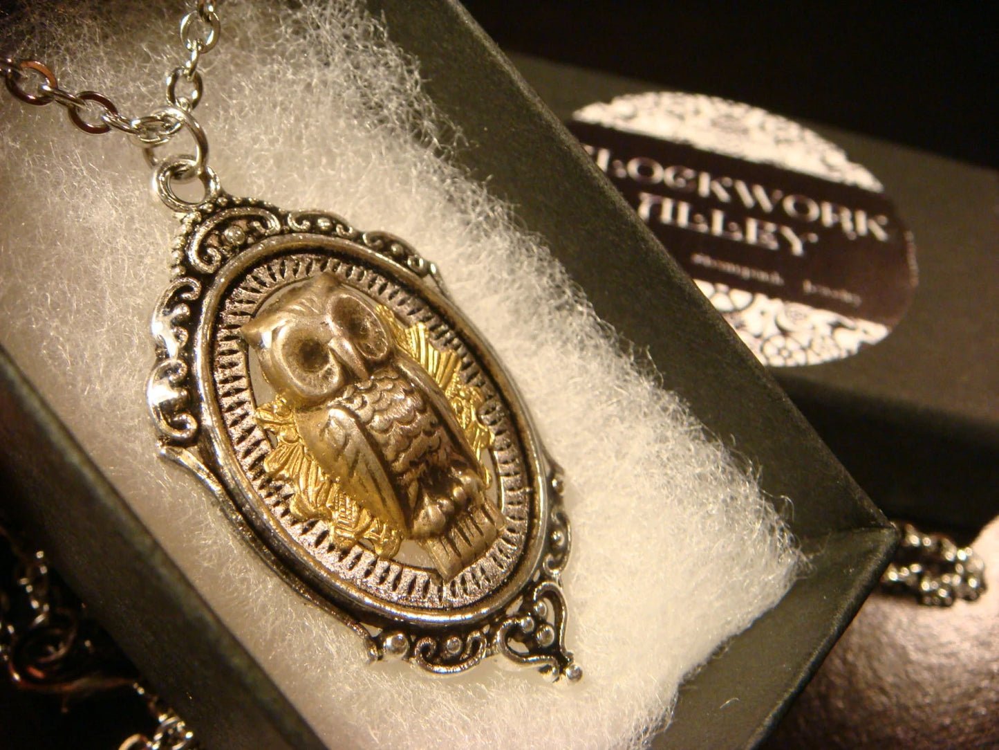 Owl with Gear in See-thru Ornate Necklace
