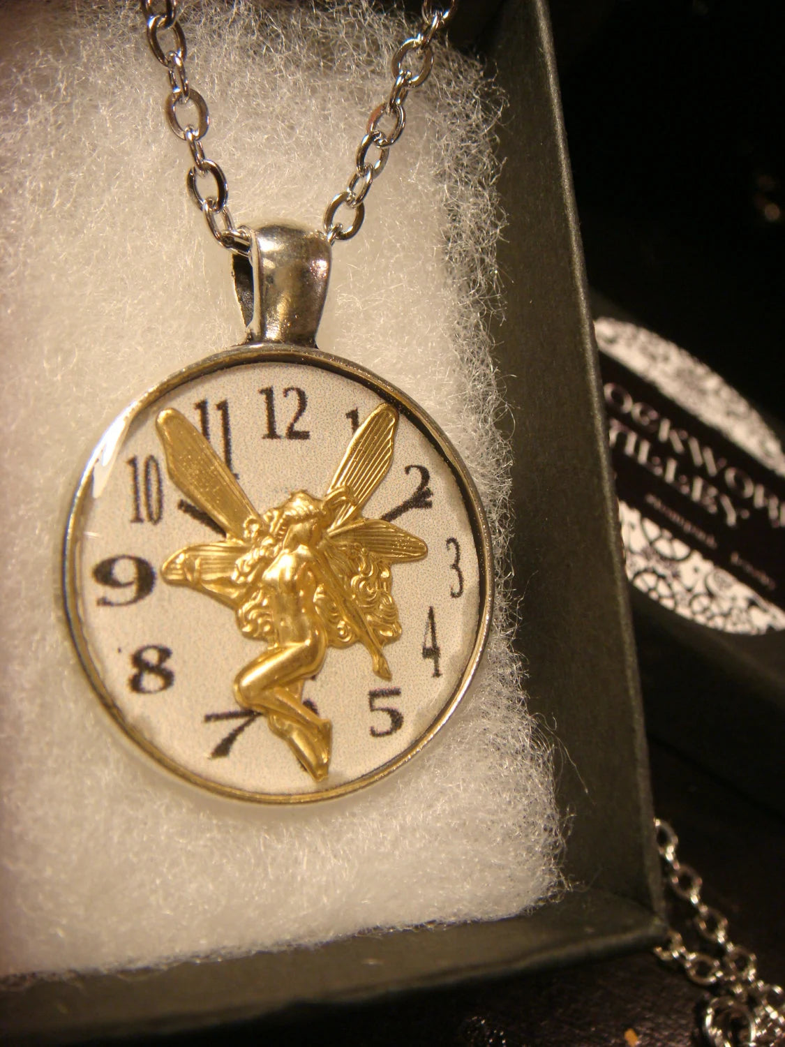 Fairy over Clock Pendant Necklace