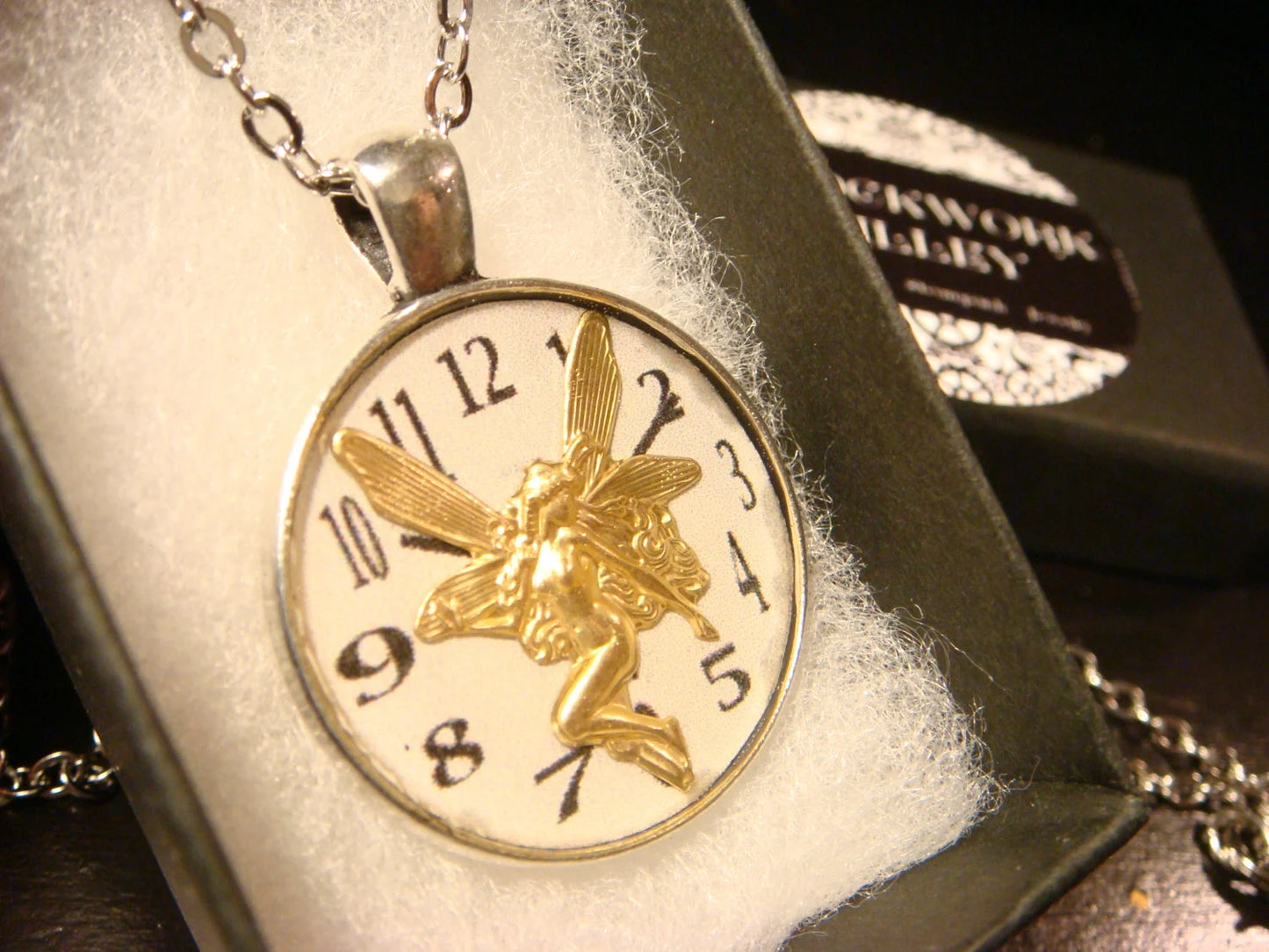 Fairy over Clock Pendant Necklace