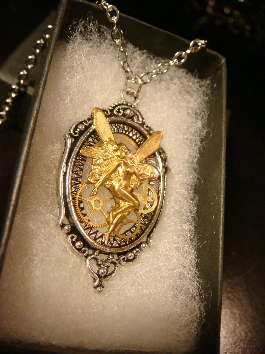 Fairy with Gears in See-thru Steampunk Pendant Necklace