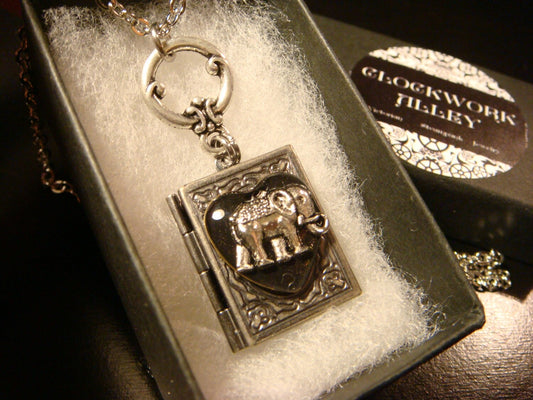 Elephant Black Heart Book Locket Necklace