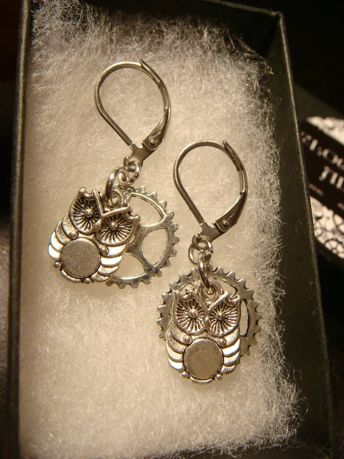 Owl and Gear Dangle Earrings
