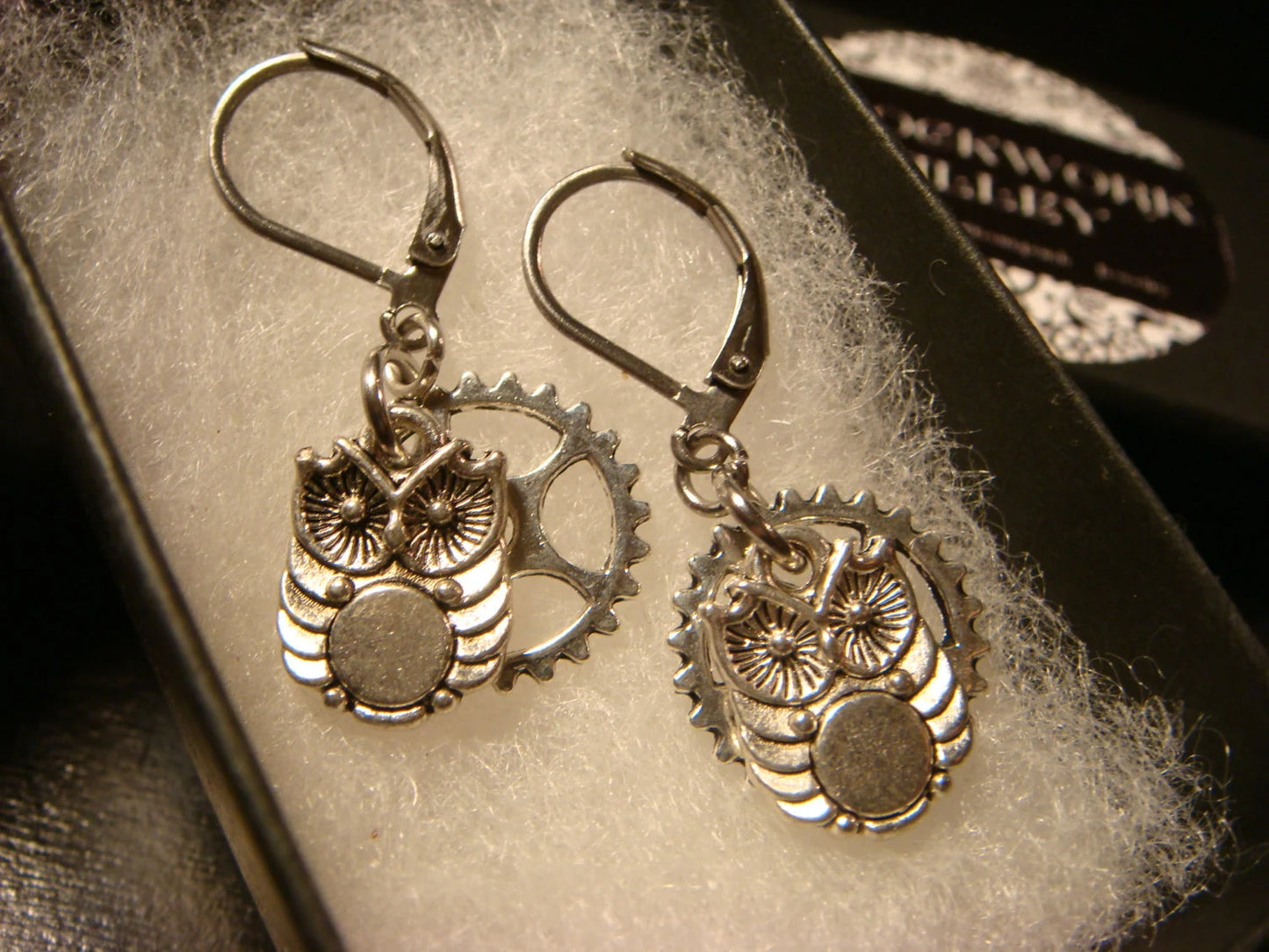 Owl and Gear Dangle Earrings