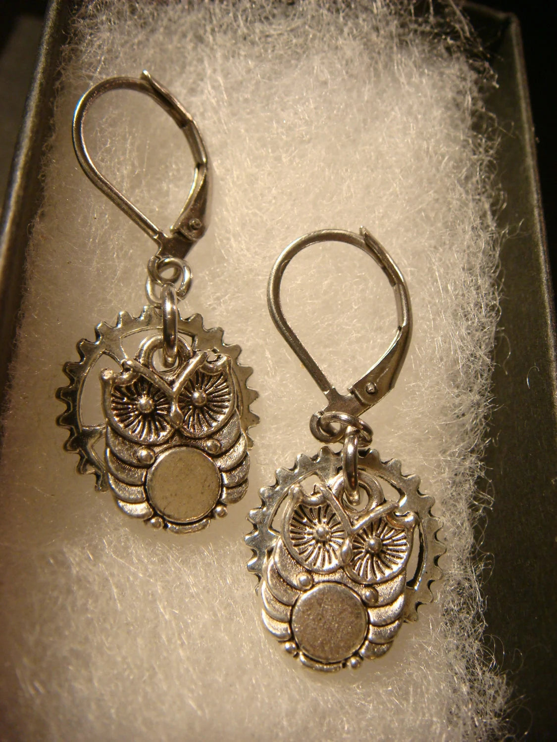 Owl and Gear Dangle Earrings