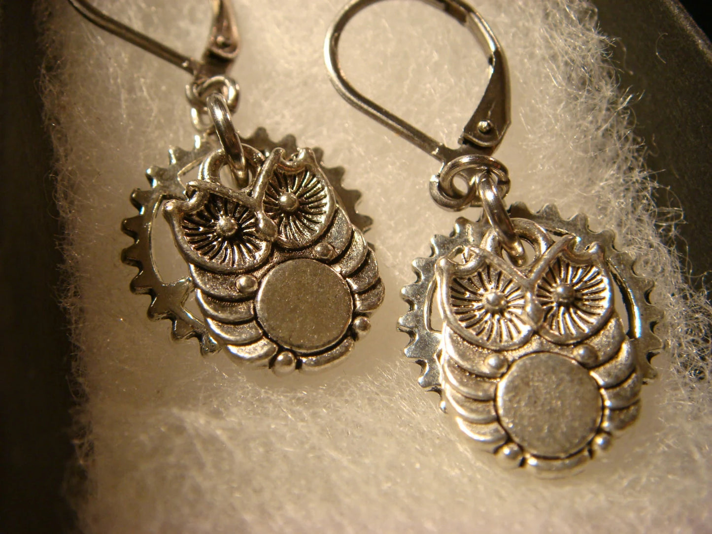 Owl and Gear Dangle Earrings