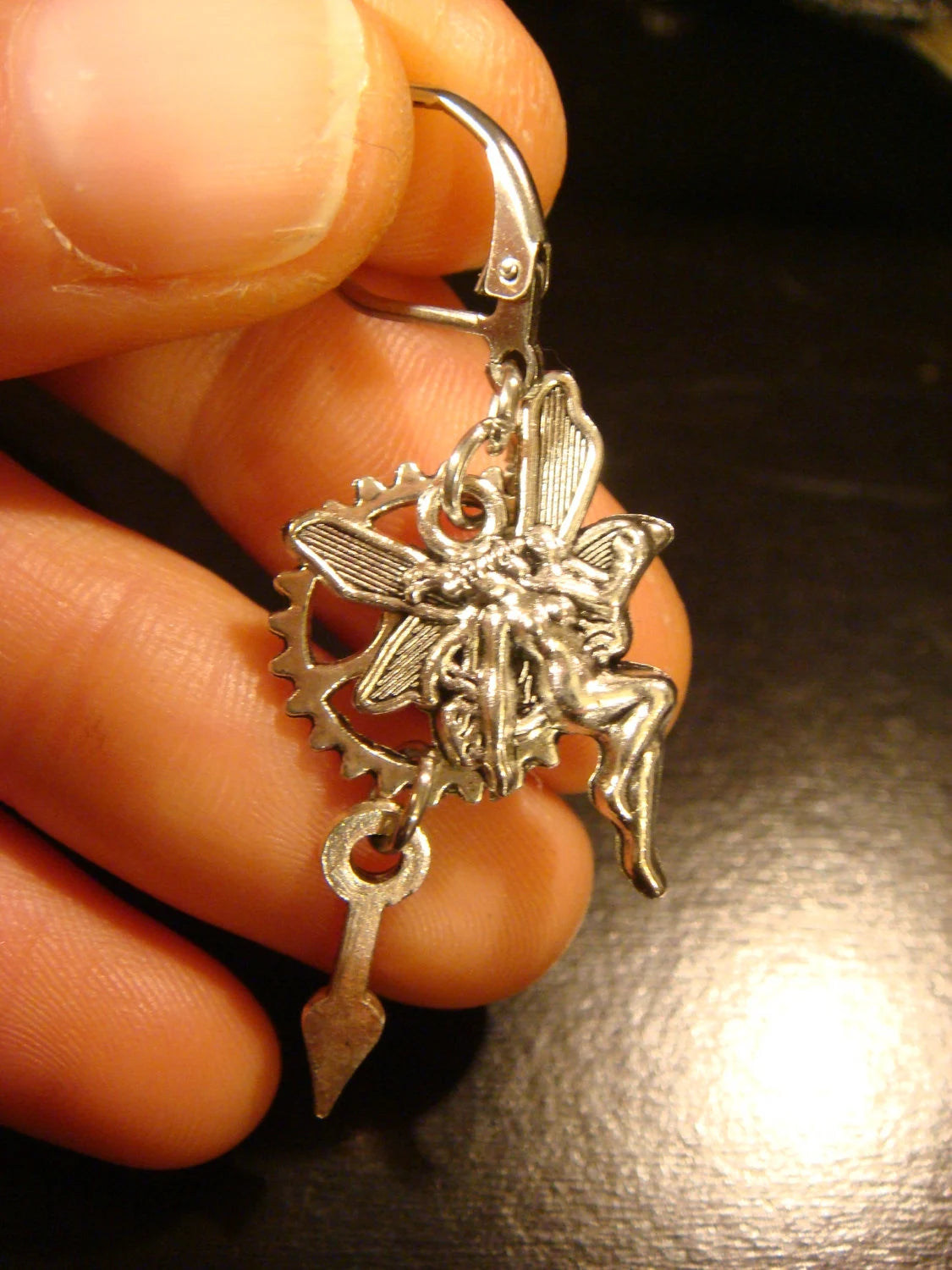 Fairy and Gear Dangle Earrings in Antique Silver