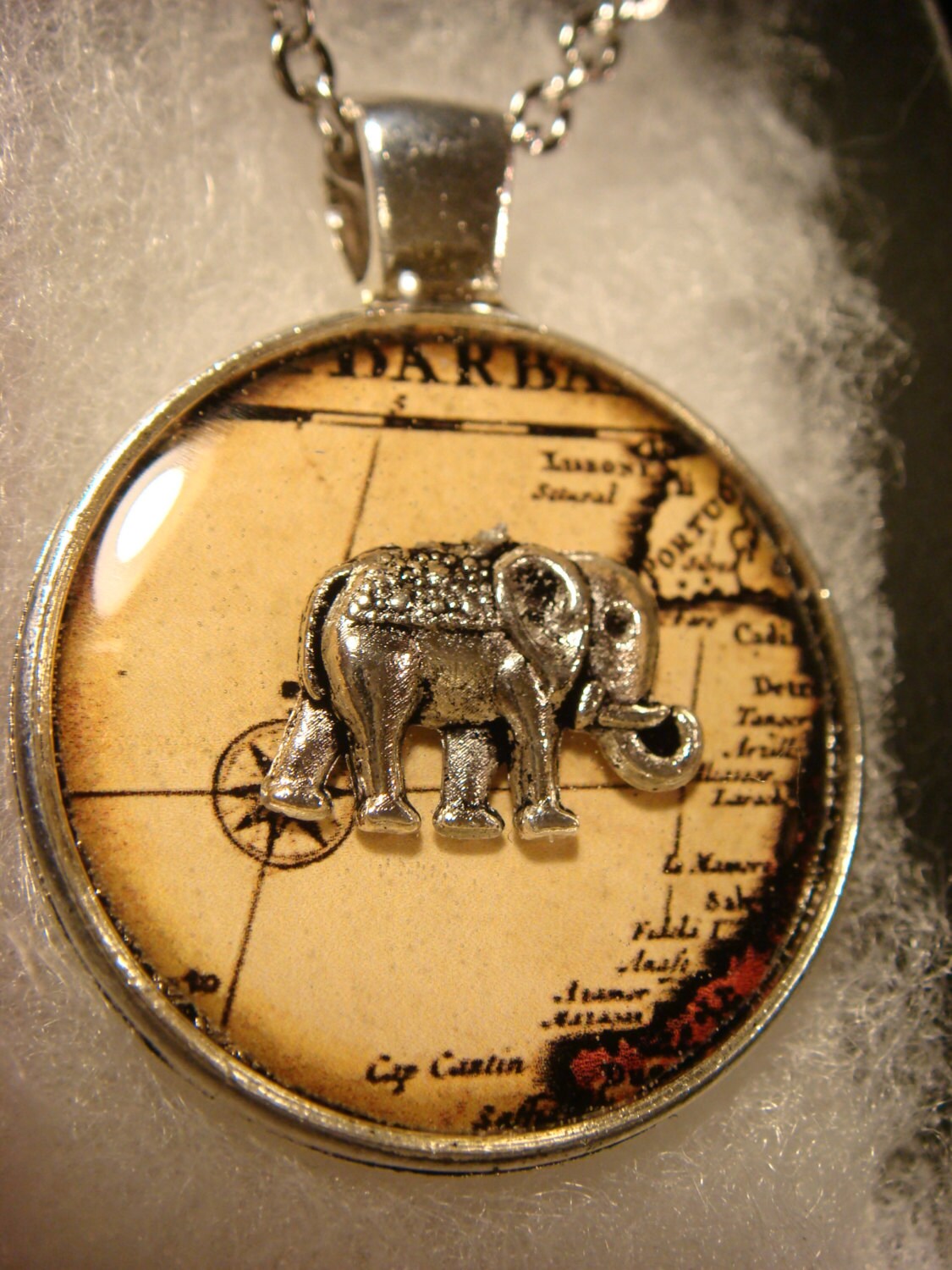 Elephant over Map Pendant Necklace