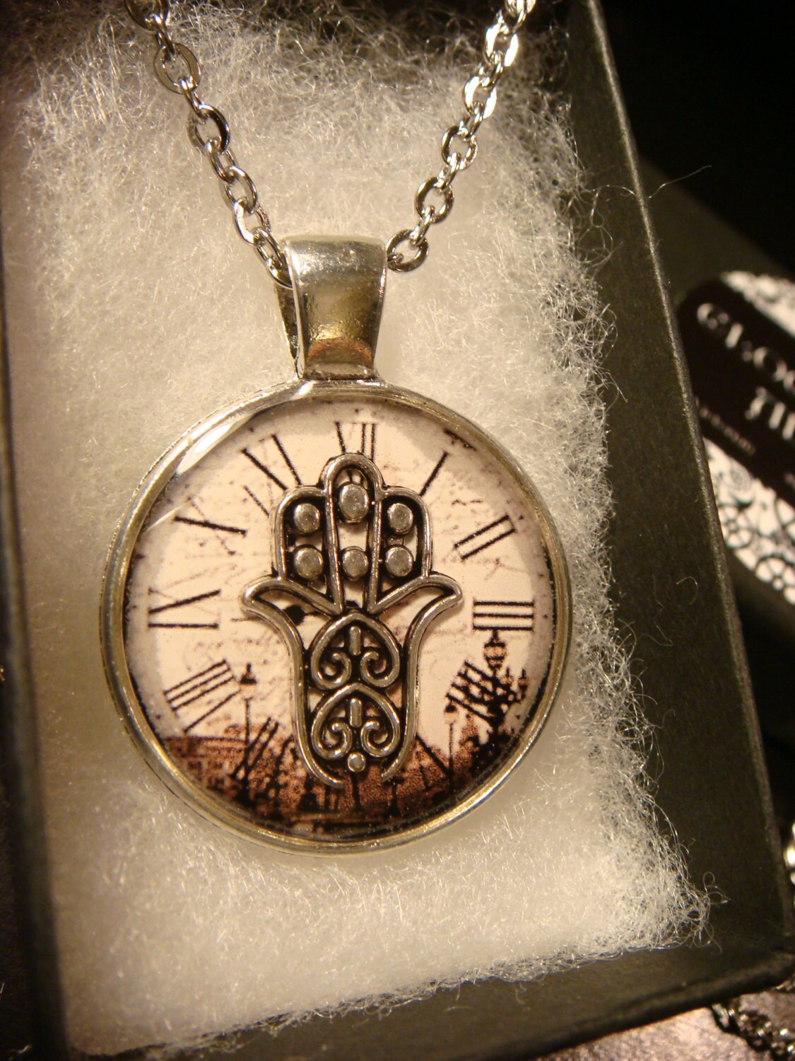 Hamsa over Victorian Clock Pendant Necklace
