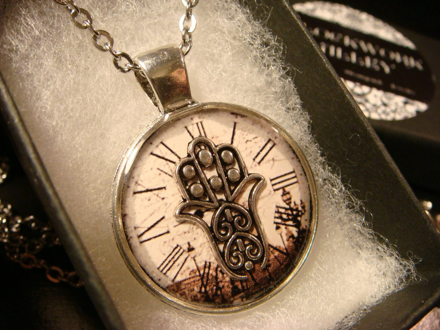Hamsa over Victorian Clock Pendant Necklace