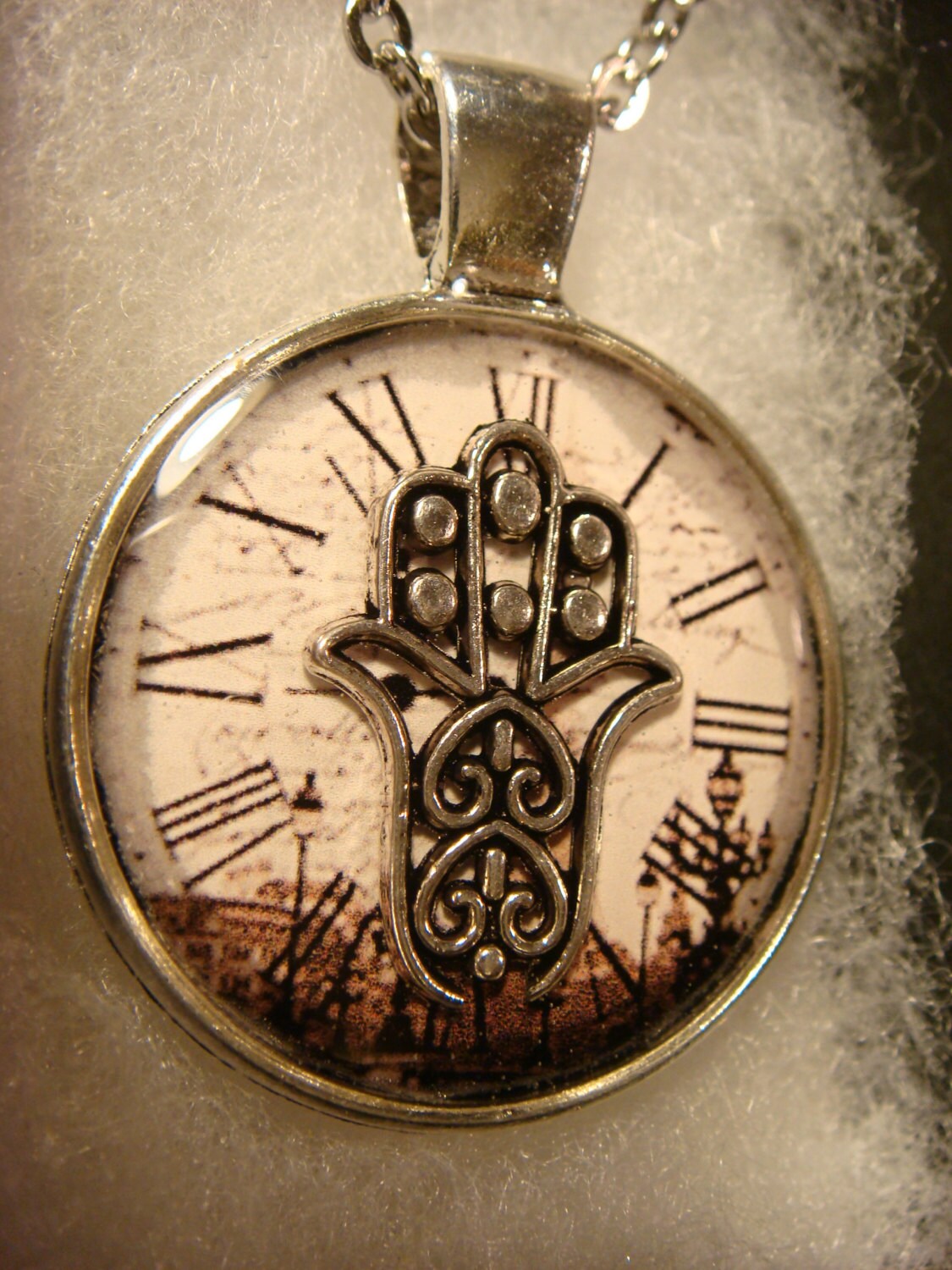 Hamsa over Victorian Clock Pendant Necklace