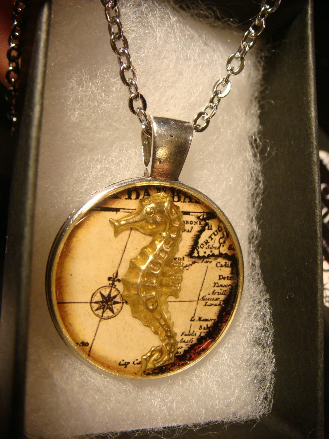 Seahorse over Map Pendant Necklace