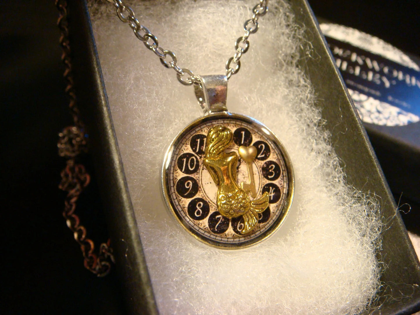 Mermaid over Clock Small Pendant Necklace