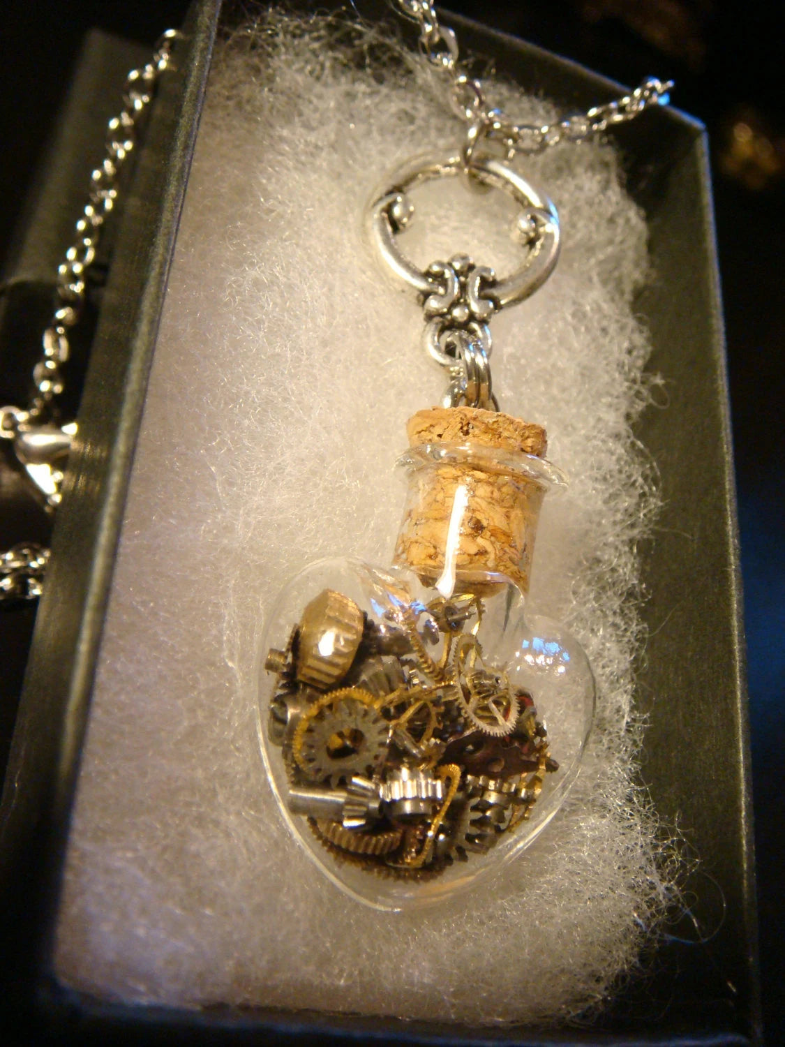 Steampunk Heart Vial with Gears and Watch Parts Necklace