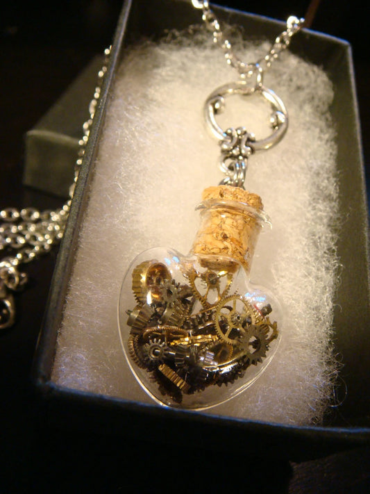Steampunk Heart Vial with Gears and Watch Parts Necklace
