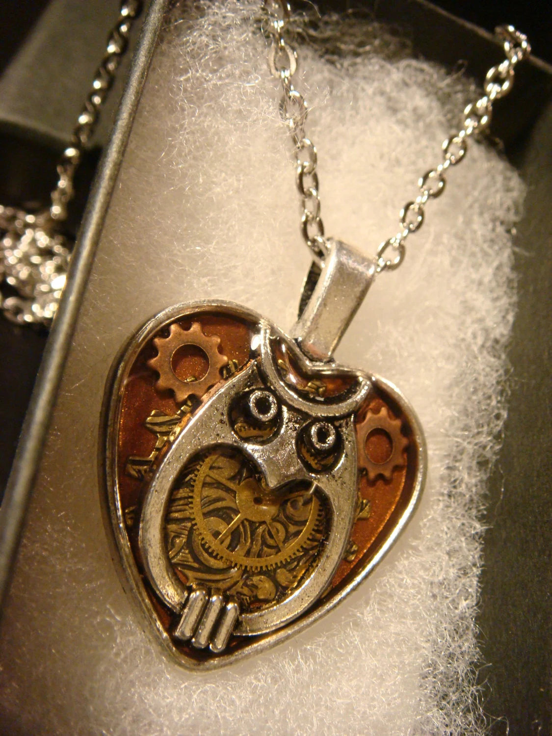 Owl Heart with Vintage Watch Parts Necklace