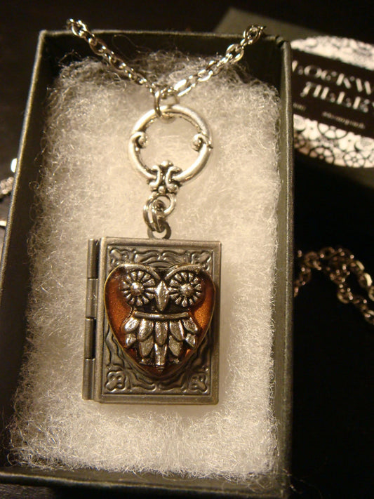 Owl in Antique Copper Heart Book Locket Necklace in Antique Silver