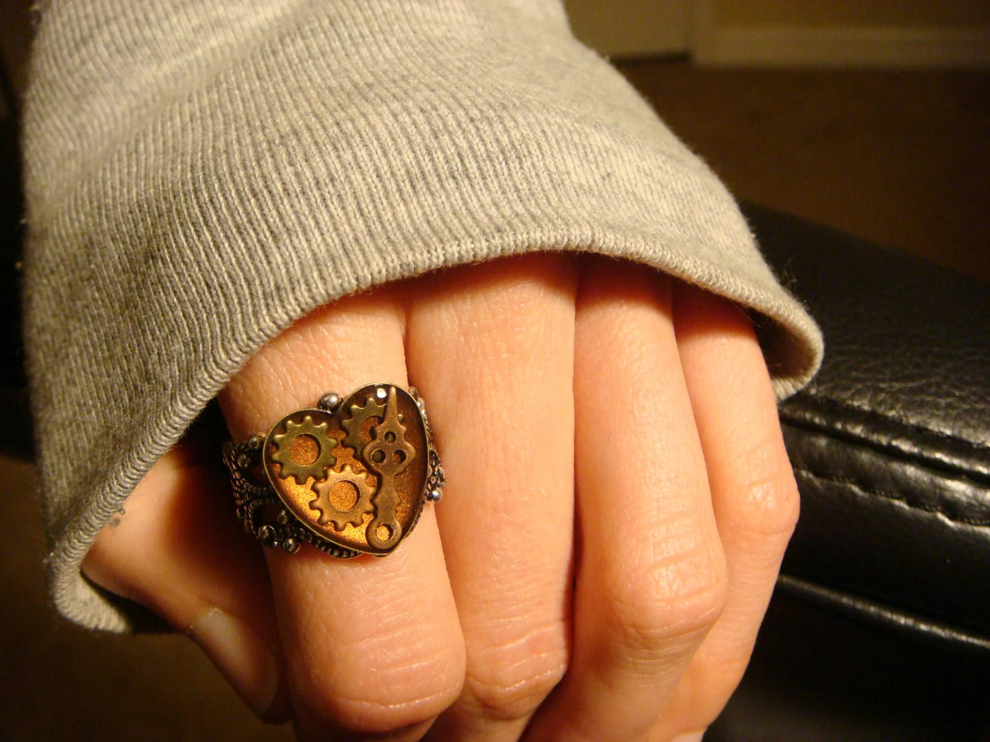 Watch Part Gear Heart Ring in Antique Silver