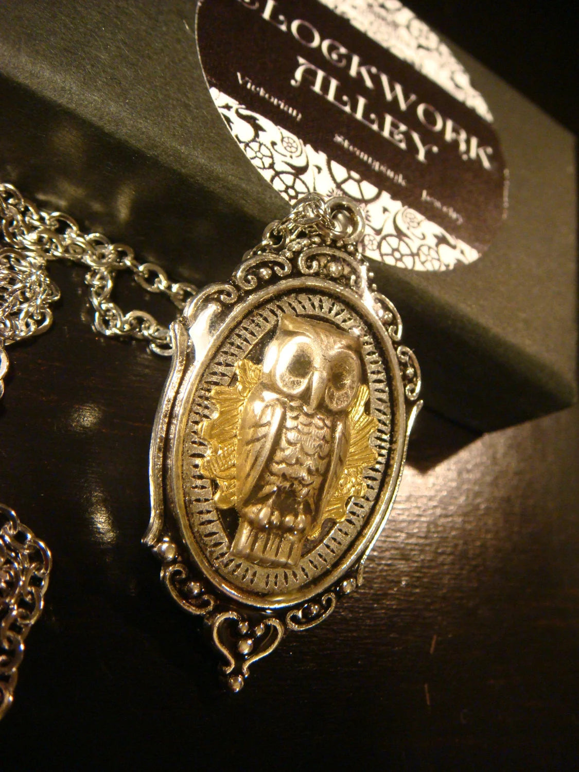 Owl with Gear in See-thru Ornate Necklace