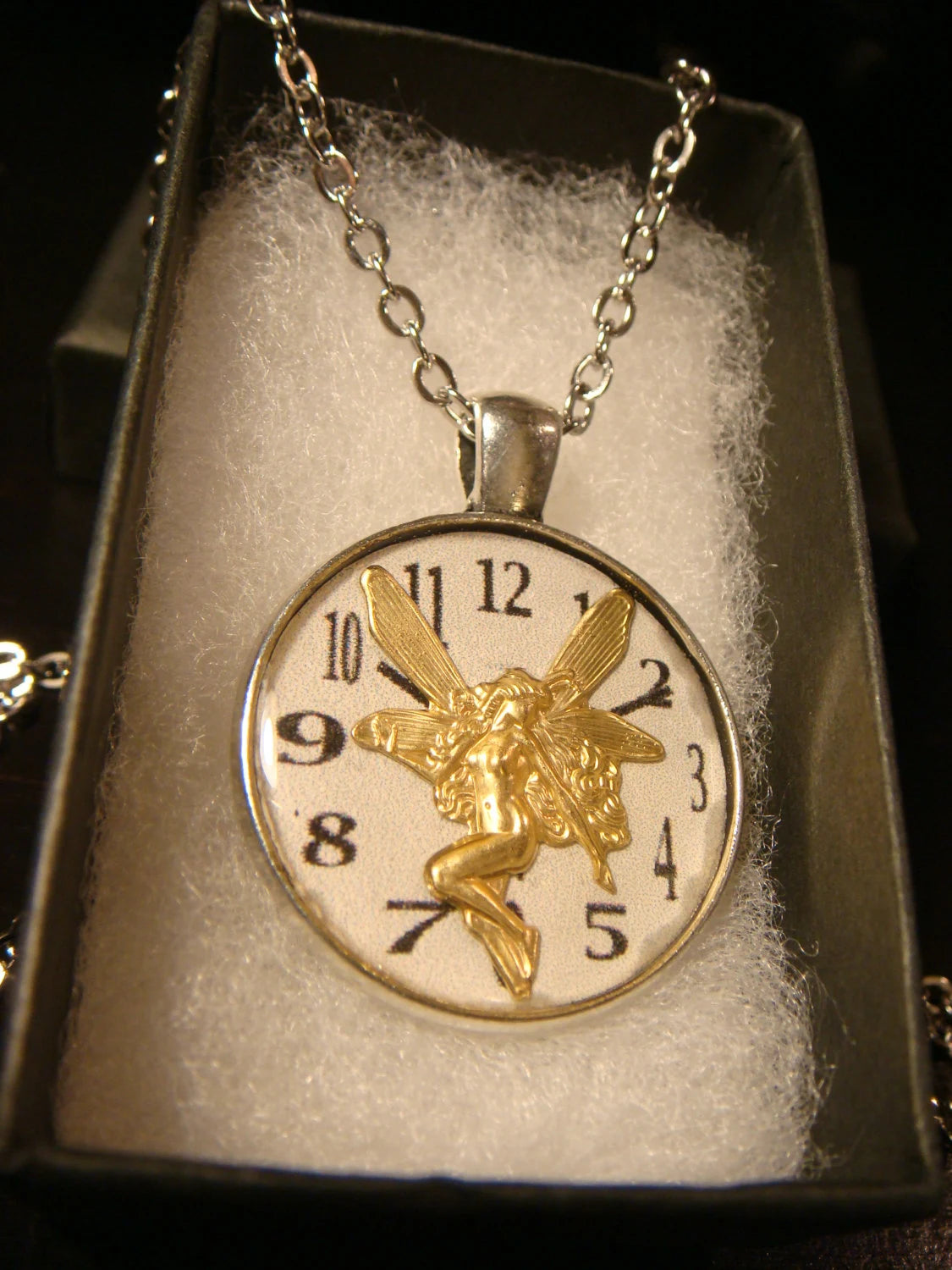 Fairy over Clock Pendant Necklace