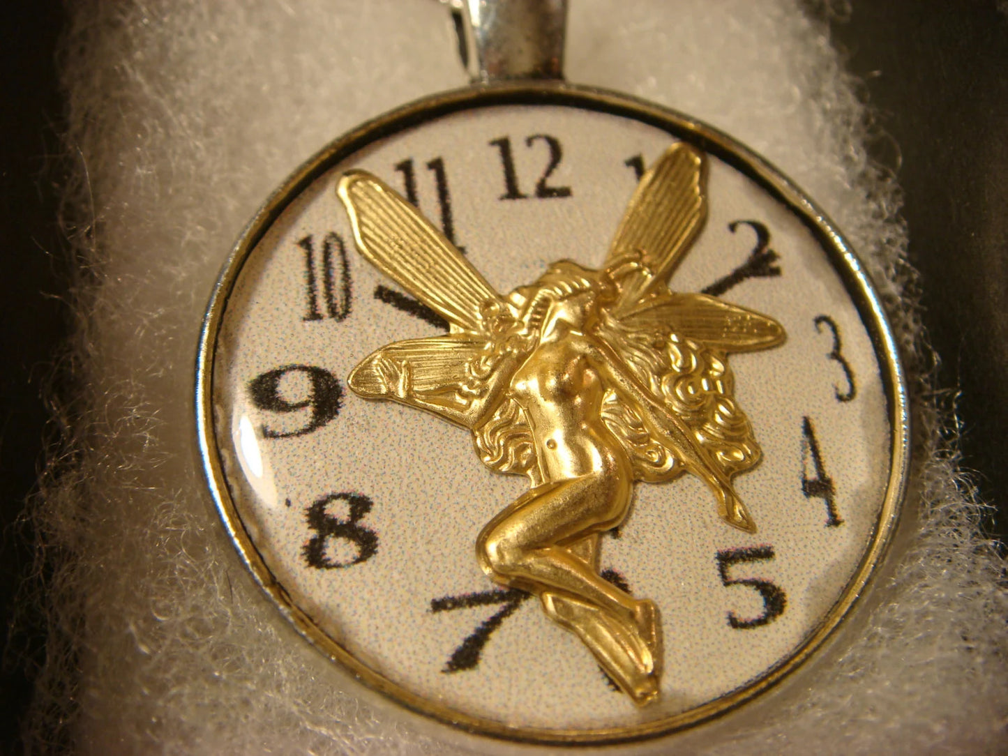 Fairy over Clock Pendant Necklace